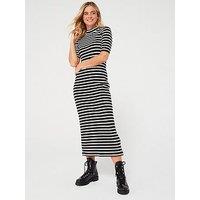 Tommy Hilfiger Ribbed Stripe Short Sleeve Midi Dress - Black