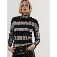 Religion Tie Dye Roll Neck Fitted Jersey Top - Black/Grey