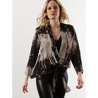 Religion Long Sleeve Tie Front Double Layer Top - Black/Neutral