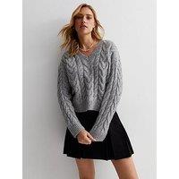 New Look Grey Cable Knit V Neck Jumper