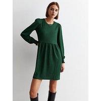 New Look Dark Green Crinkle Long Sleeve Smock Mini Dress