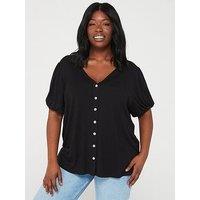 V By Very Curve Puff Sleeve Button Front Jersey Top - Black