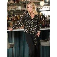 Finding Friday Black Metallic Star Long Sleeve Wrap Over Blouse