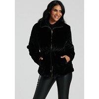 South Beach Faux Fur Jacket With Waist Ties In Black