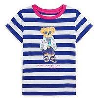 Ralph Lauren Girls Stripe Bear T-Shirt - Sistine Blue/White Stripe