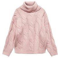 Mango Girls Cable Roll Neck Knitted Jumper - Light Pink