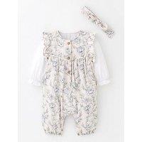 Mini V By Very Baby Girls 3 Piece Frill Ditsy All Over Print Dungaree, Bodysuit And Headband