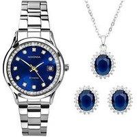 Sekonda Womens Catherine Silver Stainless Steel Bracelet With Blue Dial Analogue Watch And Matching Pendant And Earrings Stone Set Gift Set