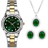 Sekonda Womens Catherine Two Tone Stainless Steel Bracelet With Green Dial Analogue Watch And Matching Pendant And Earrings Stone Set Gift Set
