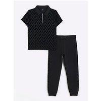 River Island Girls Flocked Polo And Joggers Set - Black