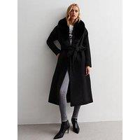 New Look Black Faux Fur Collared Long Coat