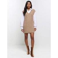 River Island Womens Jumper Mini Dress Beige Cable Knit Long Sleeve Collared