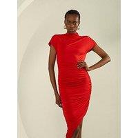 Karen Millen Slinky Ruched Asymetric Midi Dress - Red