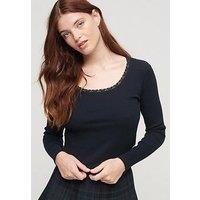 Superdry Essential Long Sleeve Rib Lace Top - Navy