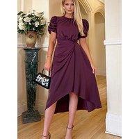 Ax Paris Plum Short Puff Sleeve Gathered Side Midi Dress