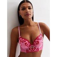 New Look Pink Heart Print Embroidered Bra