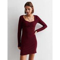 New Look Burgundy Ribbed Ruched Front Bodycon Mini Dress