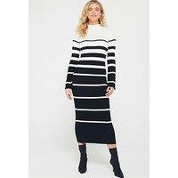 Everyday High Neck Stripe Knitted Midi Dress - Black And Ivory