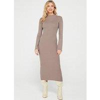 Everyday High Neck Ribbed Knit Midi Dress - Brown