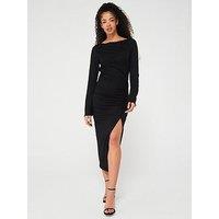 Only Hillary Long Sleeve Jersey Ruching Midi Dress - Black