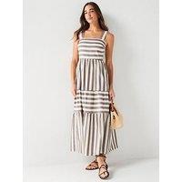 V By Very Strappy Stripe Midaxi Dress - Brown/White