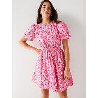 V By Very Puff Sleeve Cotton Floral Mini Dress - Pink