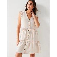 Everyday Frill Sleeve Button Through Mini Dress - Natural