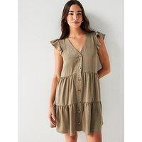 Everyday Frill Sleeve Button Through Mini Dress - Khaki