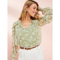 V By Very Long Sleeve Crinkle Chiffon Ruffle V Neck Blouse