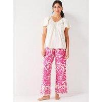 V By Very Short Sleeve Flutter Sleeve Top With Ladder Trim Detail And Broiderie Trousers Pj Set - Pink