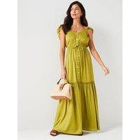 V By Very Button Front Frill Shoulder Beach Dress - Green