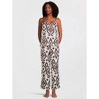 V By Very Cami And Wide Leg Ikat Print With Contrast Piping Pj Set - Brown