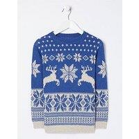 Fatface Boys Family Deer Christmas Knitted Jumper - Blue