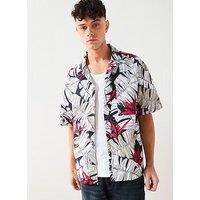 Hugo Egeeno Oversized Fit Printed Short Sleeve Shirt - Black/Light Grey