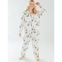 Chelsea Peers Curve Cotton Cream Giraffe Print Revere Collar Button Up Long Pyjama Set