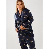 Chelsea Peers Curve Navy Bee Satin Button Up Long Pyjama Set