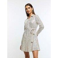 River Island Womens Swing Mini Dress Silver Sequin Belted Long Sleeve Collared
