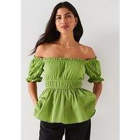 V By Very Broderie Sleeve Peplum Top - Green