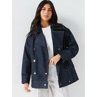Boss Denim Cotton Double Breasted Short Jacket - Navy