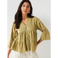 V By Very 3/4 Sleeve Linen Tiered Blouse - Khaki