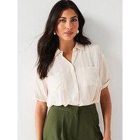 V By Very Short Sleeve Crinkle Longline Shirt - Cream