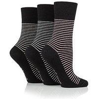 Heat Holders 3 Pair Ladies Gentle Grip Socks - Varsity Fine Stripe - Black