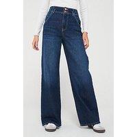 V By Very Double Button Wide Leg Jeans - Dark Wash Blue