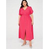 V By Very Curve Puffed Sleeve Midi Dress - Pink