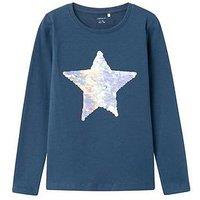 Name It Girls Sequin Star Long Sleeve Tshirt - Insignia Blue
