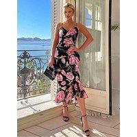 Ax Paris Floral Frill Midi Dress - Black