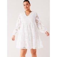 V By Very Curve Broderie Anglaise Cotton Tiered Mini Dress - White