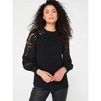 Love & Roses Lace Sleeve Dobby High Neck Blouse- Bla