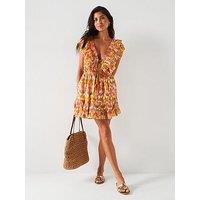 V By Very Double Frill Lurex Tiered Beach Mini Dress - Orange