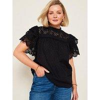 V By Very X Laura Byrnes Cotton Broderie Frill Sleeve Blouse - Black